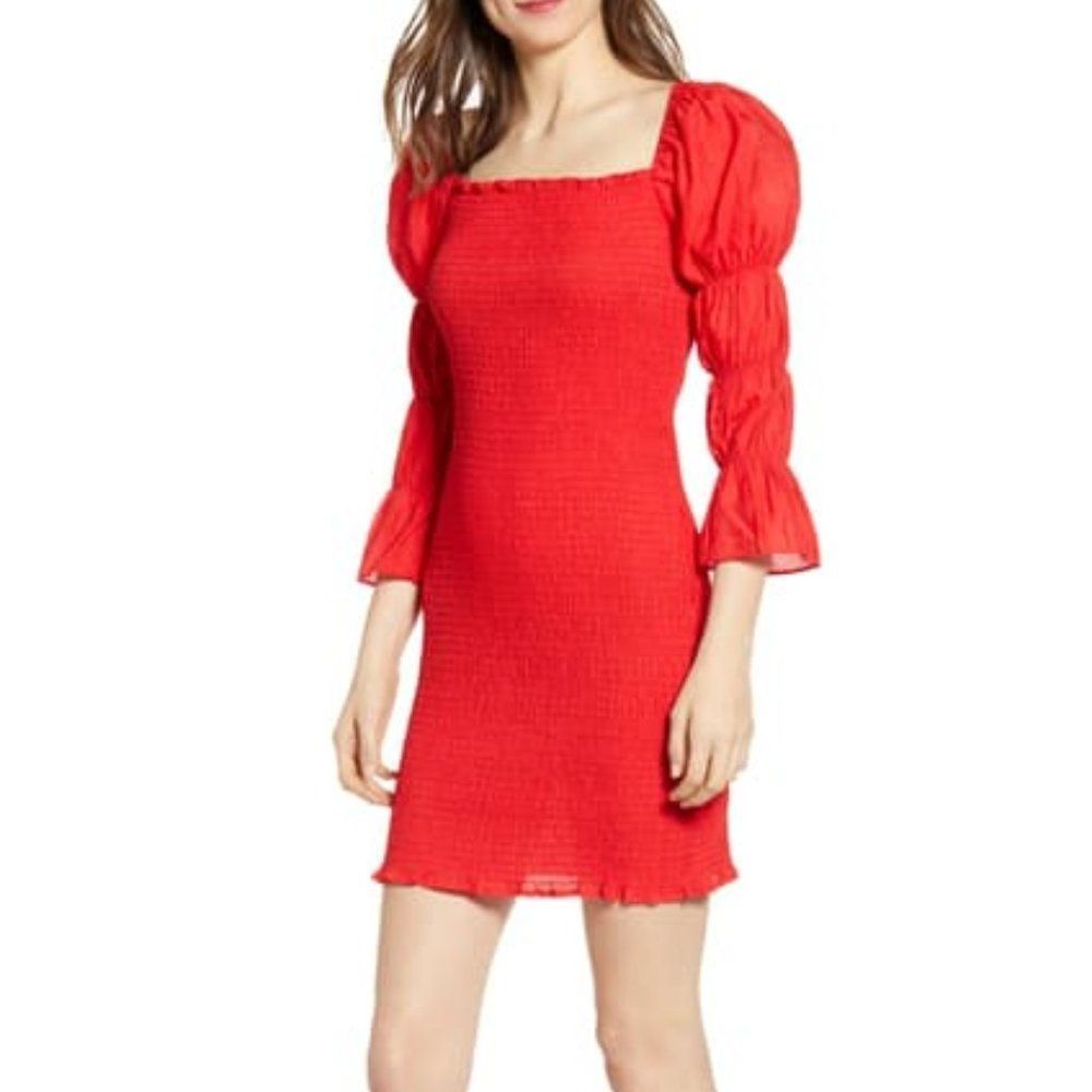 J.O.A. Smock Puff Sleeve Bodycon Mini Dress